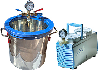 Micro-Tec VC250 stainless steel Vacuum chamber 12 ltr set, complete with Micro-Tec MP950D dual stage diaphragm pump and connection hose, 230V / 50Hz