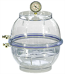 Micro-Tec PD252 clear polycarbonate desiccator with pump/vent connection and vacuum gauge, Ø 250mm