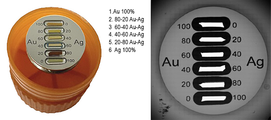 EM-Tec RXS-6AA Quantitave EDX analyis test standard with Au-Ag alloys, 6 NIST certified materials on pin stub