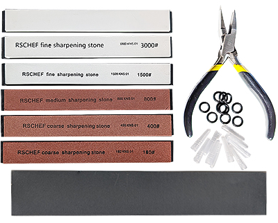 50-001993.jpg EM-Tec TRP6 tweezers tips repair and sharpening kit, includes whetstone 180, 400, 800, 1500 and 3000 grid +Agate polishing stone 6000 grit for sharpening the tweezers tips.<br> Waterproof sandpaper 1500 grit for deburring the tips. <br>Flatnose pliers for straightening and aligning tweezers tips. Tweezers clamping ring and tweezers guards.