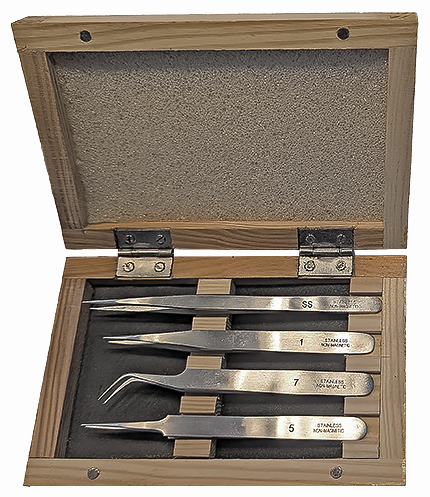 50-014104.jpg Value-Tec set of 4 general purpose tweezers, includes style 3, 5, 7 and SS non-magnetic stainless steel in a wooden box